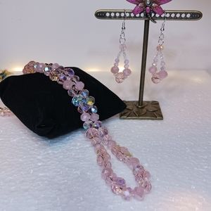 New, Custom Made, Lt. Rose Pink Crystal Necklace & Earrings